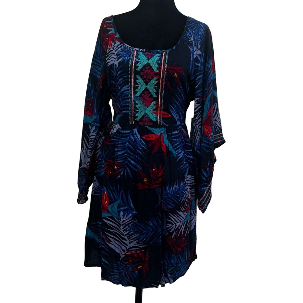 Roxy sunset city tropical floral bell sleeve embroidered summer dress size m nwt